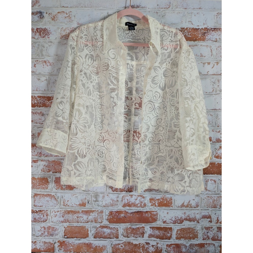 West End Lace Button Up Shirt Womens XL Cream Ivory Floral Sheer 3/4 Sleeve